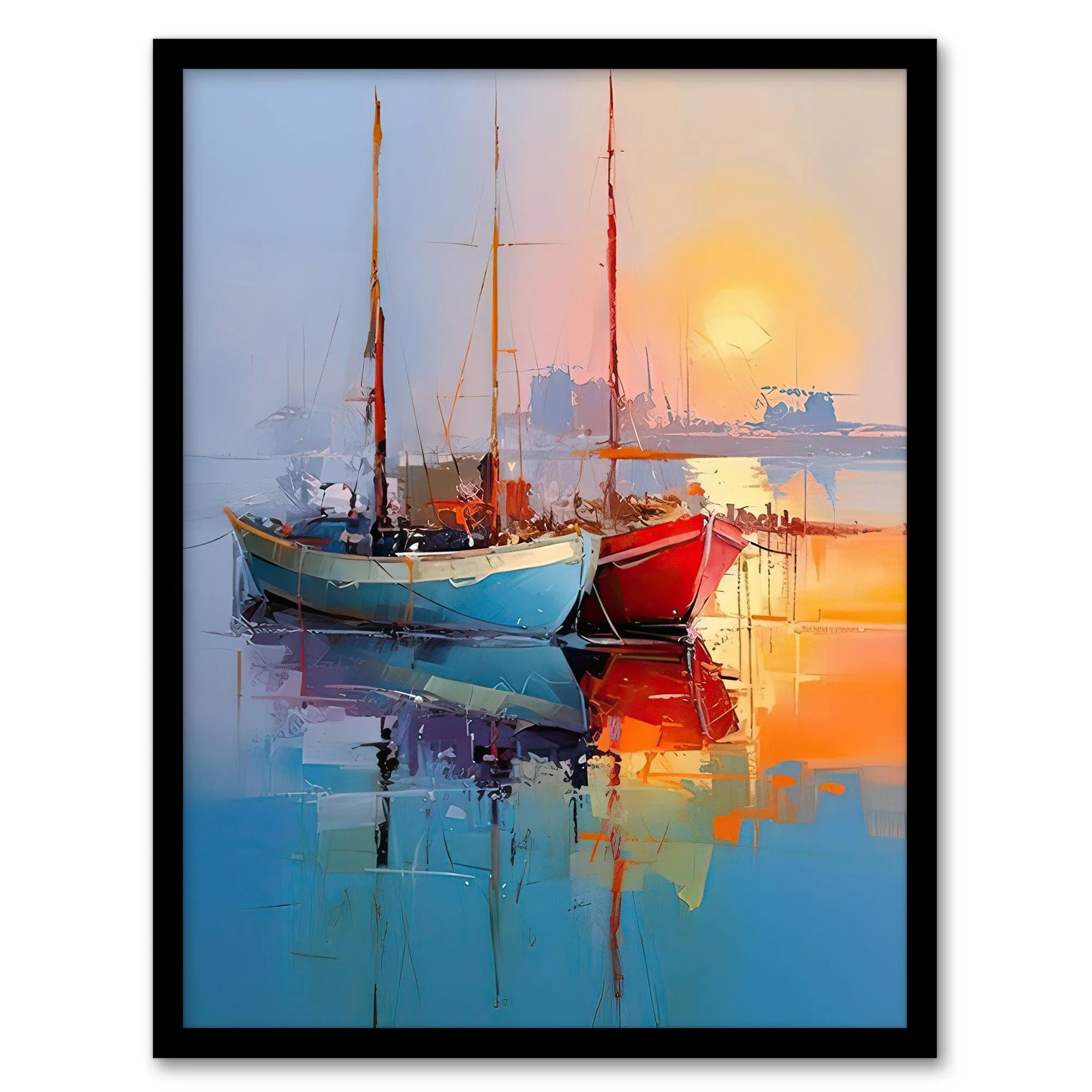 Wall Art & Pictures | Wall Art Print Sailboats Reflecting in Calm Misty Sunrise Seascape Framed | Artery8