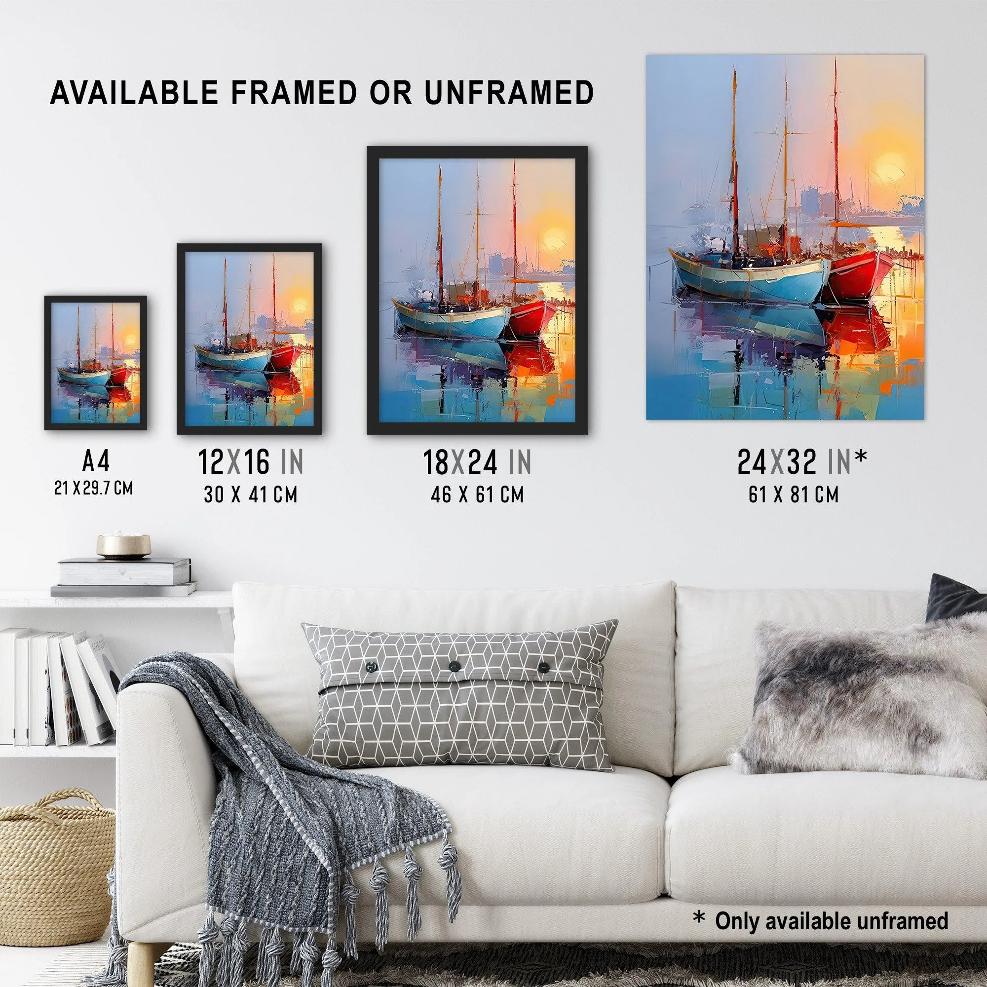 Wall Art & Pictures | Wall Art Print Sailboats Reflecting in Calm Misty Sunrise Seascape Framed | Artery8