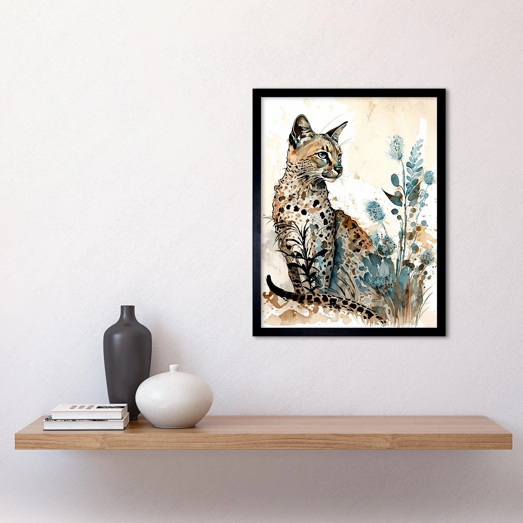 Wall Art & Pictures | Wall Art Print Savannah Cat and Wildflowers Modern Watercolour and Ink Art Framed | Artery8