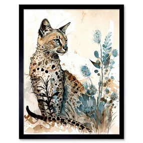 Wall Art & Pictures | Wall Art Print Savannah Cat and Wildflowers Modern Watercolour and Ink Art Framed | Artery8