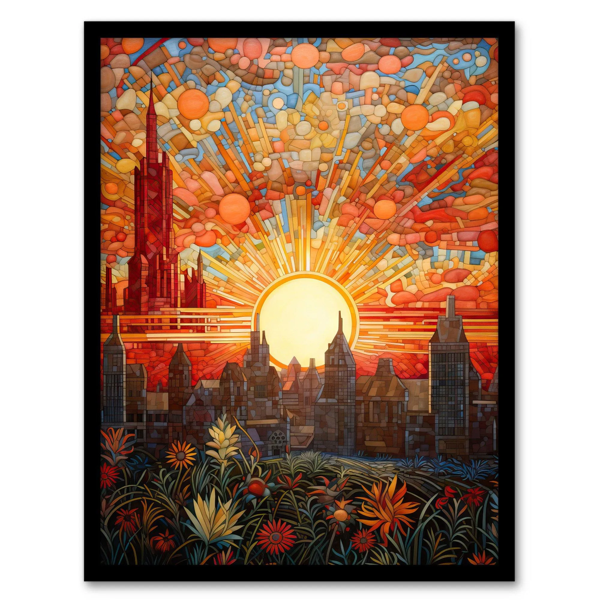 Wall Art & Pictures | Wall Art Print Seville Spain Magnificent Sunrise Over Cathedral Abstract Cityscape Flowers Artwork Pai