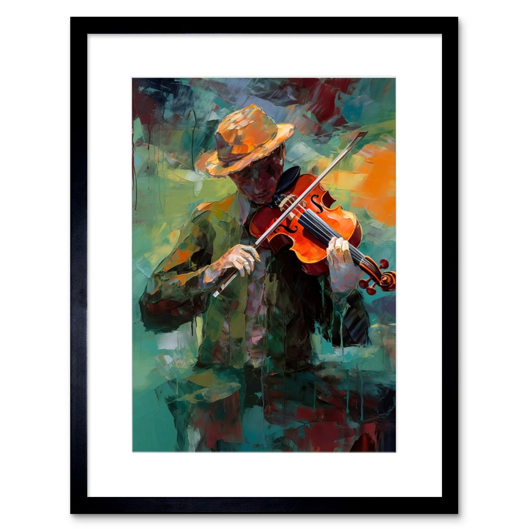 Wall Art & Pictures | Wall Art Print Violinist with a Hat Playing Music on his Violin Artwork Framed 9X7 Inch | Artery8