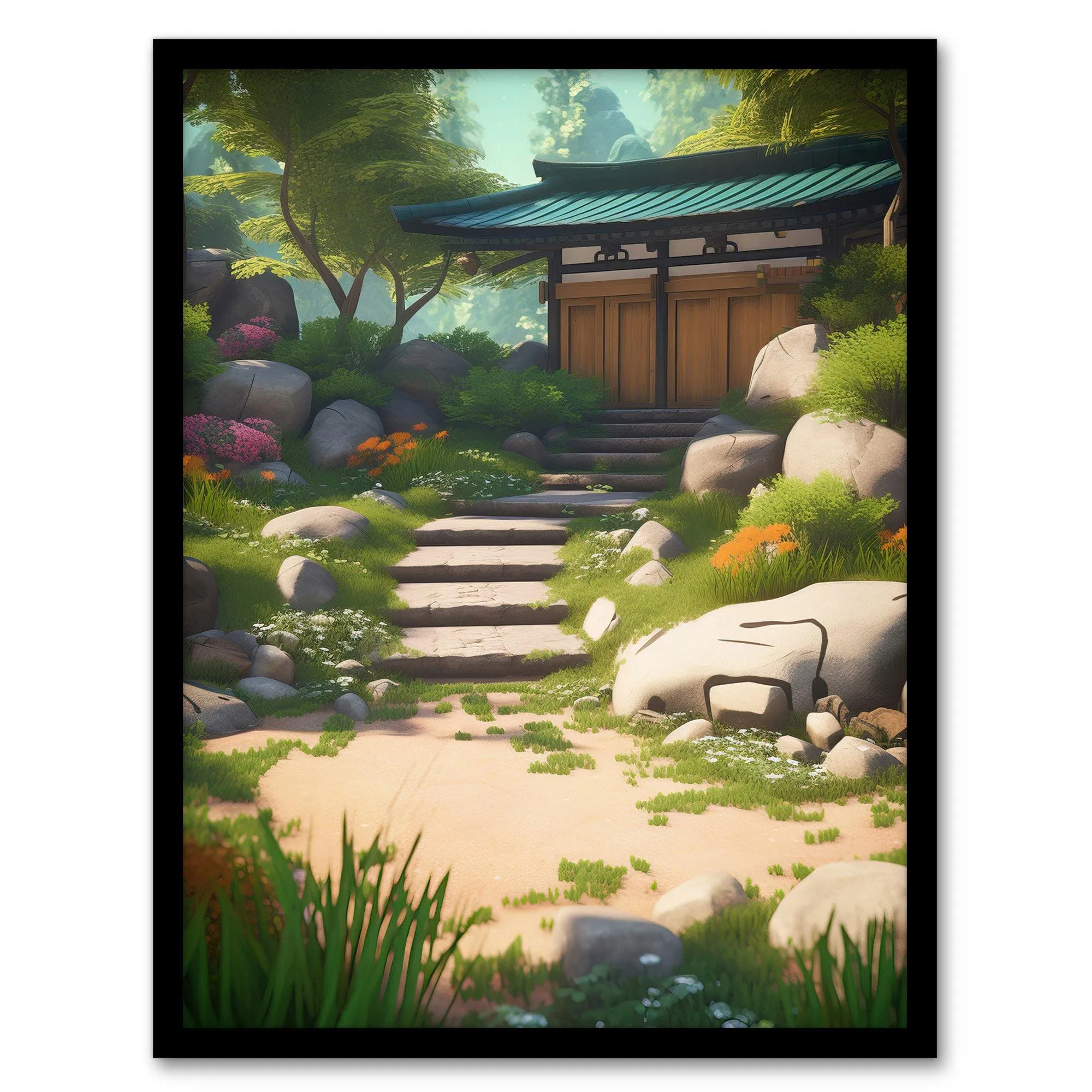 Wall Art & Pictures | Wall Art Print Zen Garden Bright Painting Stone Steps Bathed in Sunlight Leading to Tea House Serene S