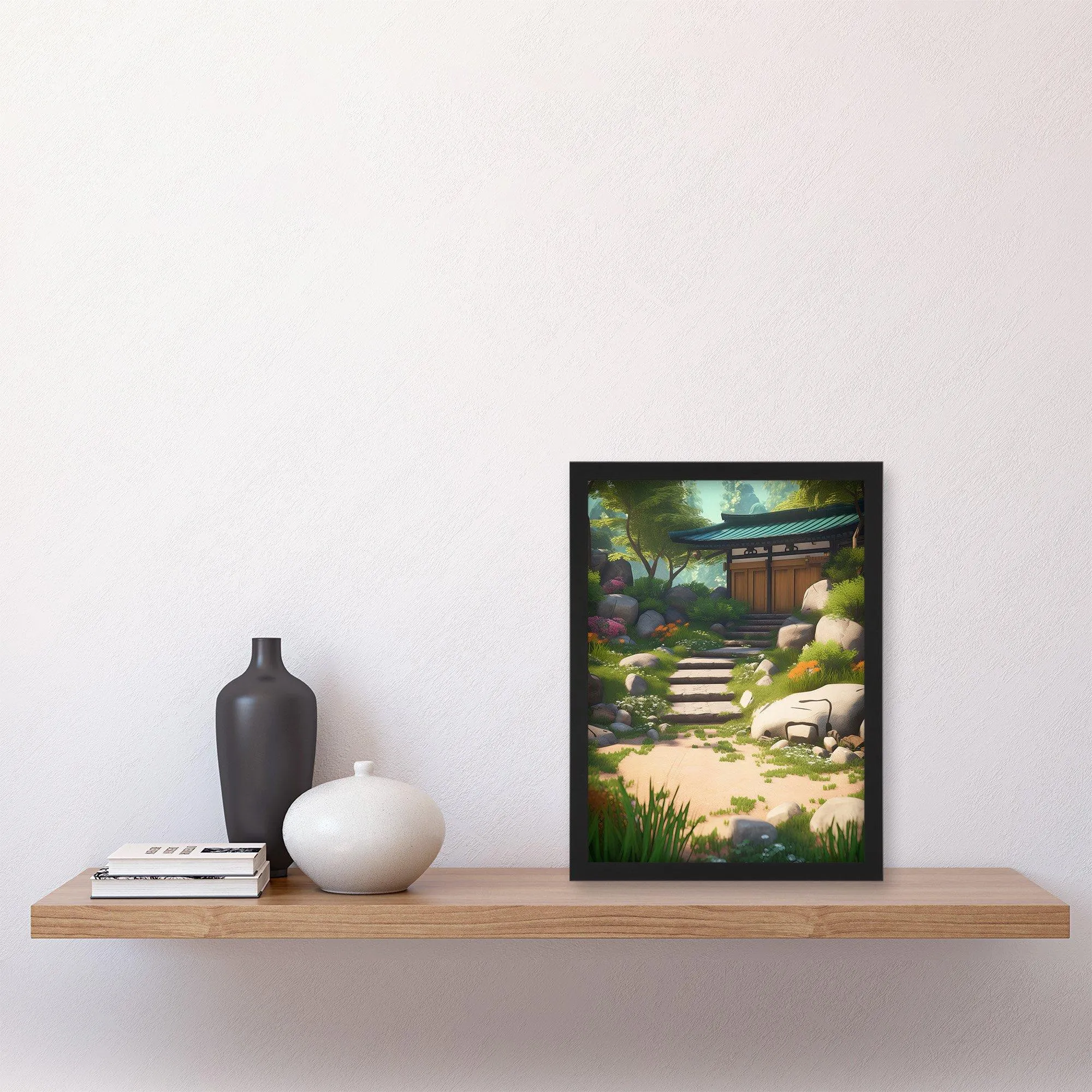 Wall Art & Pictures | Wall Art Print Zen Garden Bright Painting Stone Steps Bathed in Sunlight Leading to Tea House Serene S