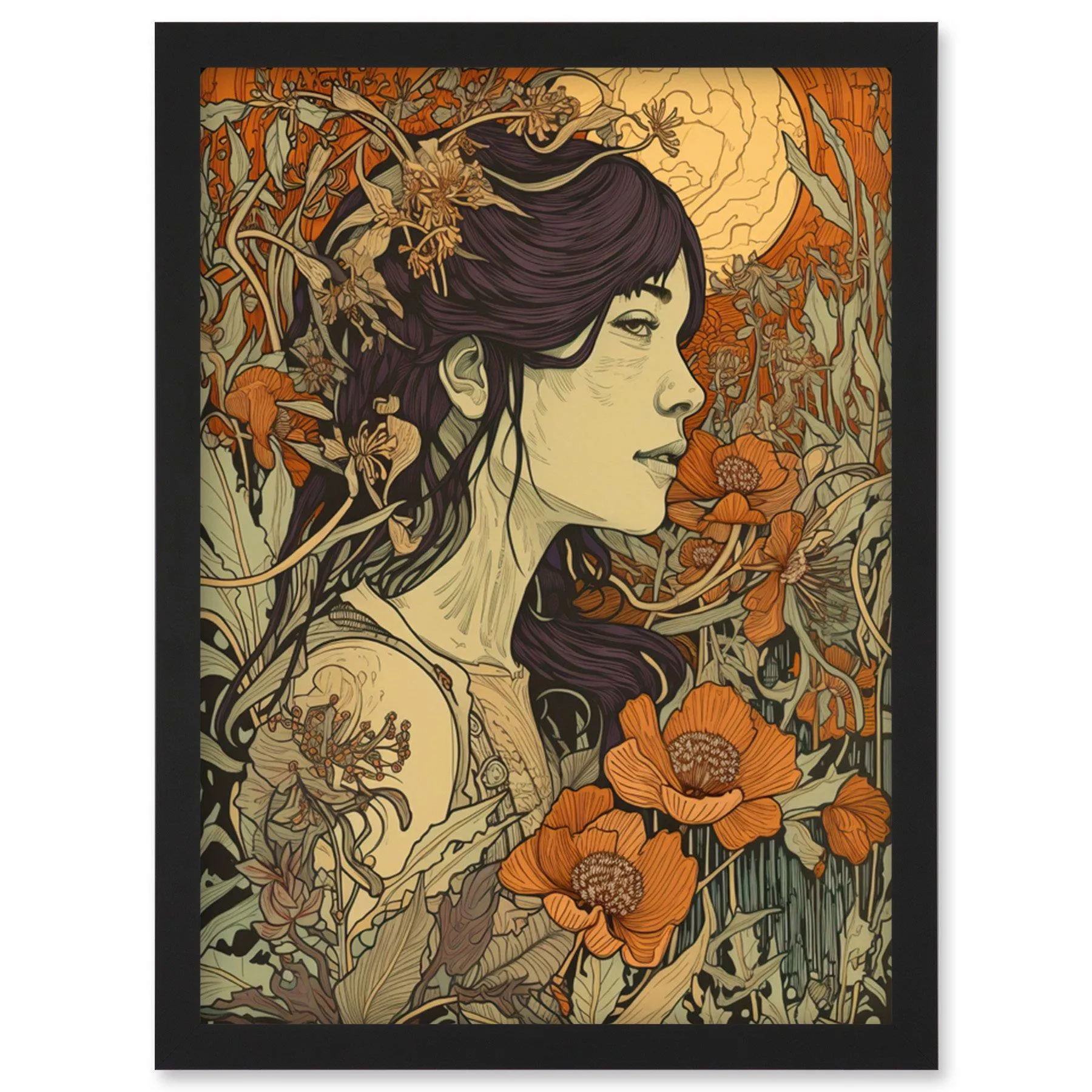 Wall Art & Pictures | Woman in Autumn Poppy Field Linocut Illustration Artwork Framed Wall Art Print A4 | Artery8