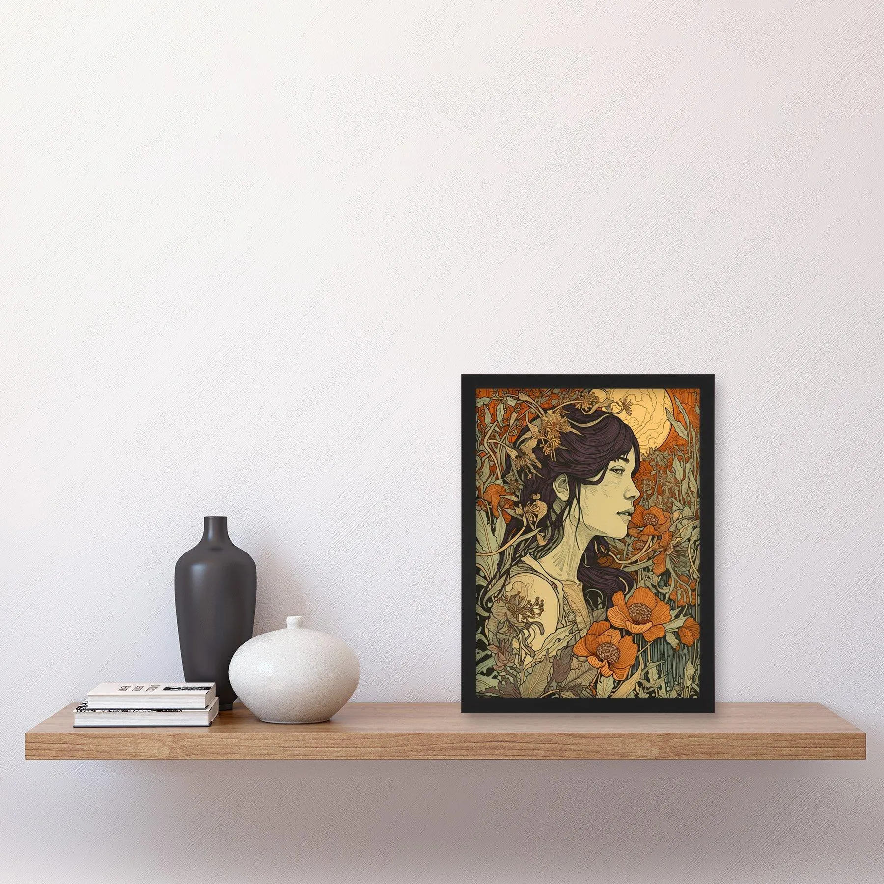 Wall Art & Pictures | Woman in Autumn Poppy Field Linocut Illustration Artwork Framed Wall Art Print A4 | Artery8