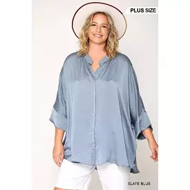 Washed Satin Button Down Loose Fit Top With Hi-lo Hem