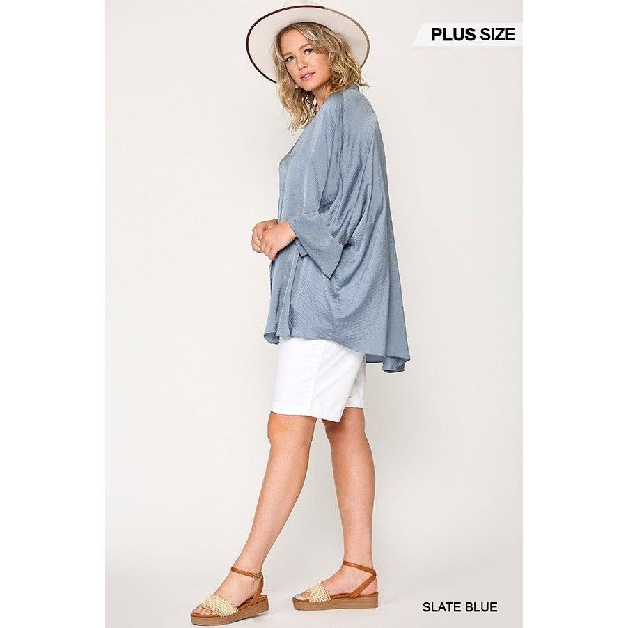 Washed Satin Button Down Loose Fit Top With Hi-lo Hem