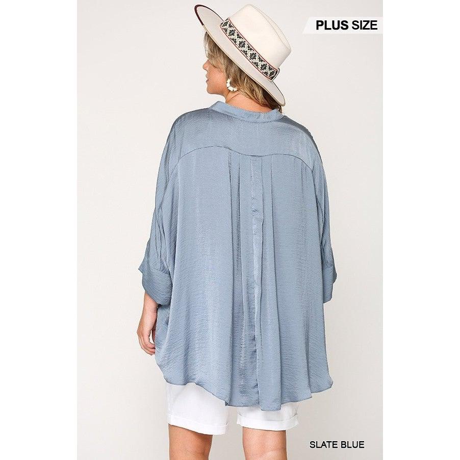 Washed Satin Button Down Loose Fit Top With Hi-lo Hem