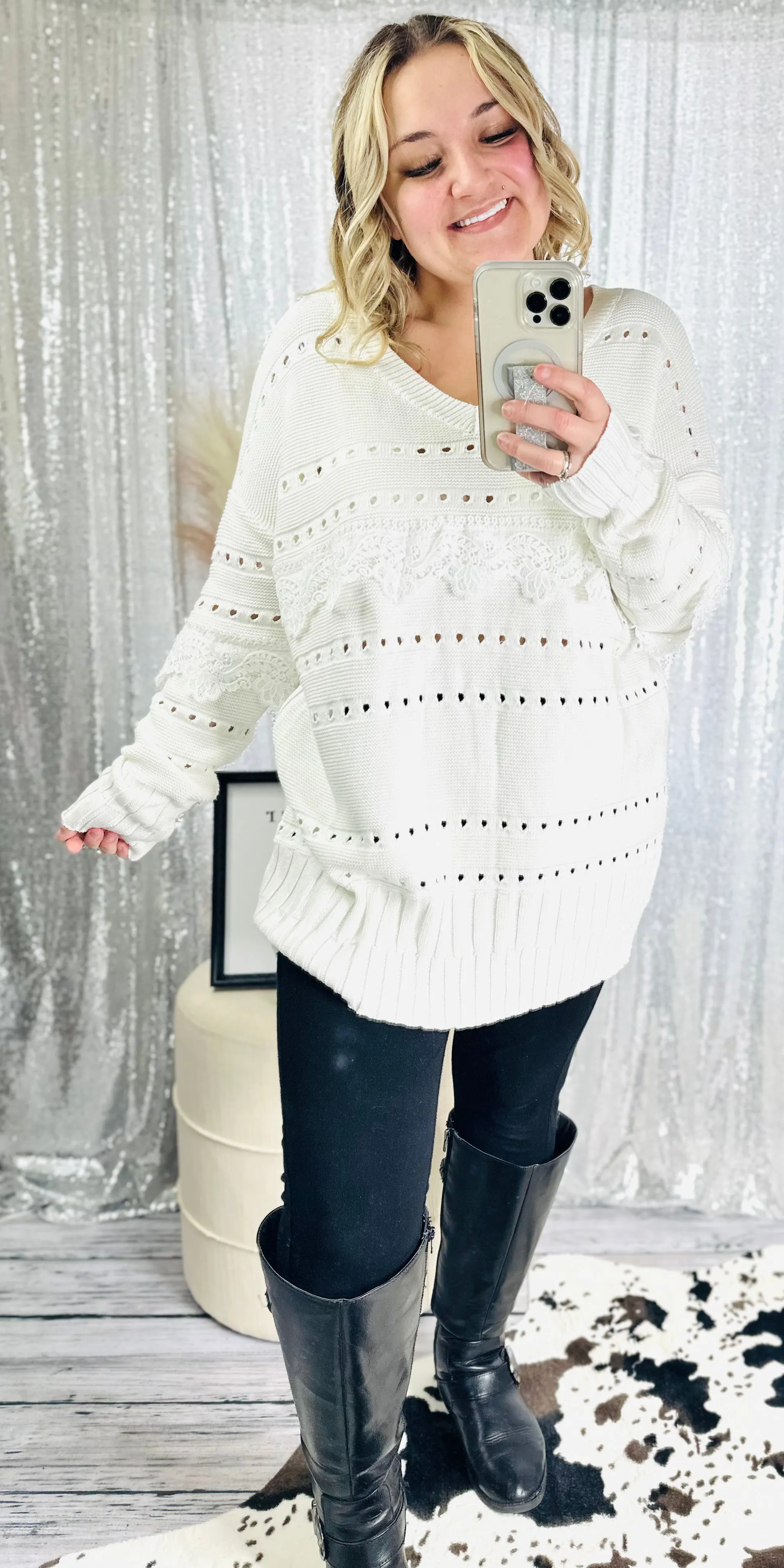 White Birch - Eyelet Detail Lace Trim Sweater