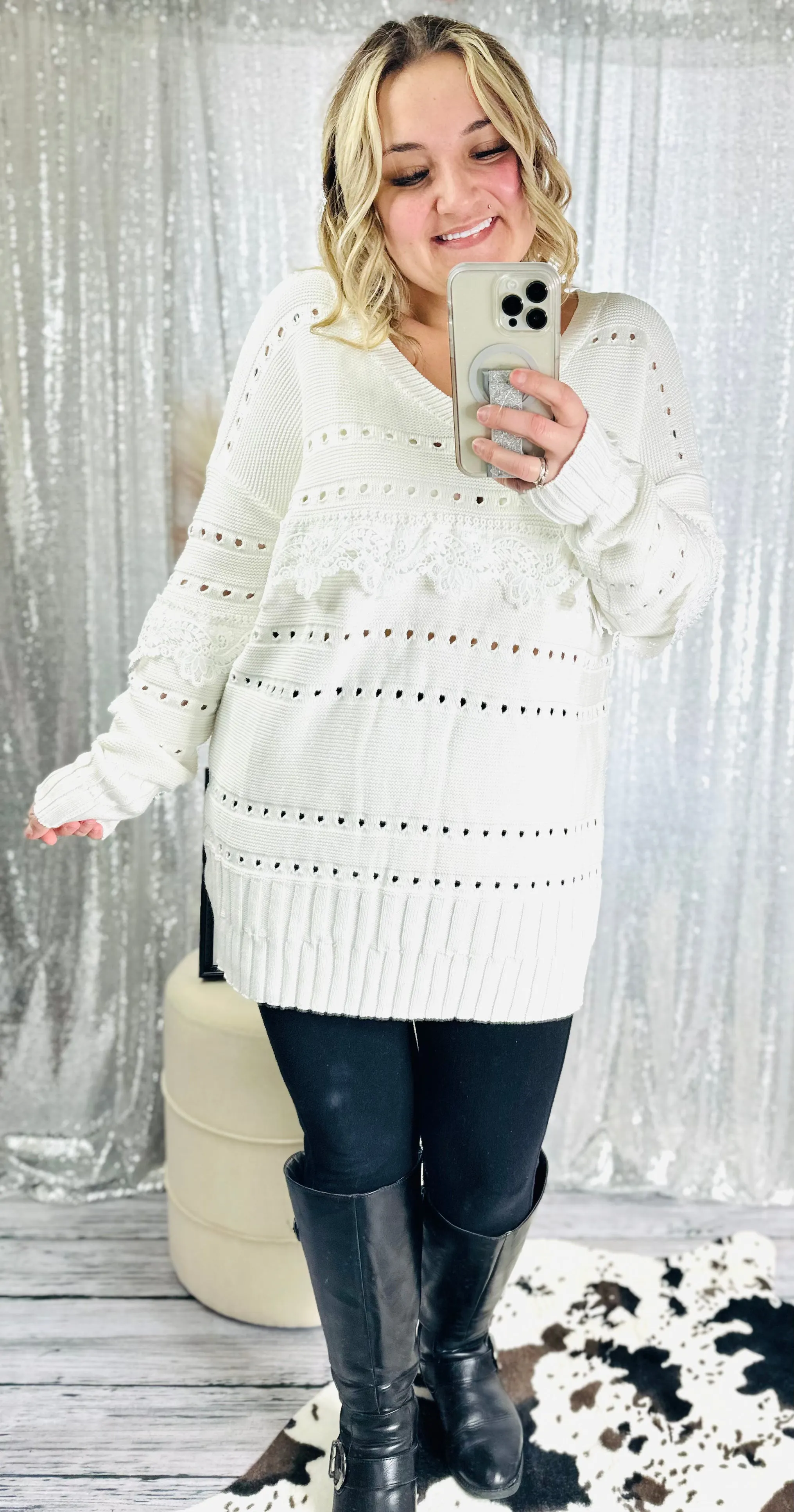 White Birch - Eyelet Detail Lace Trim Sweater