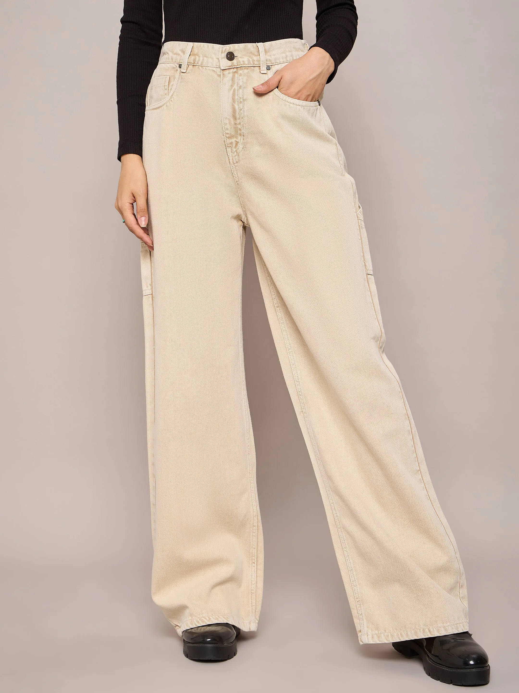 Women Beige Elasticated High Waist Back Pocket Jeans