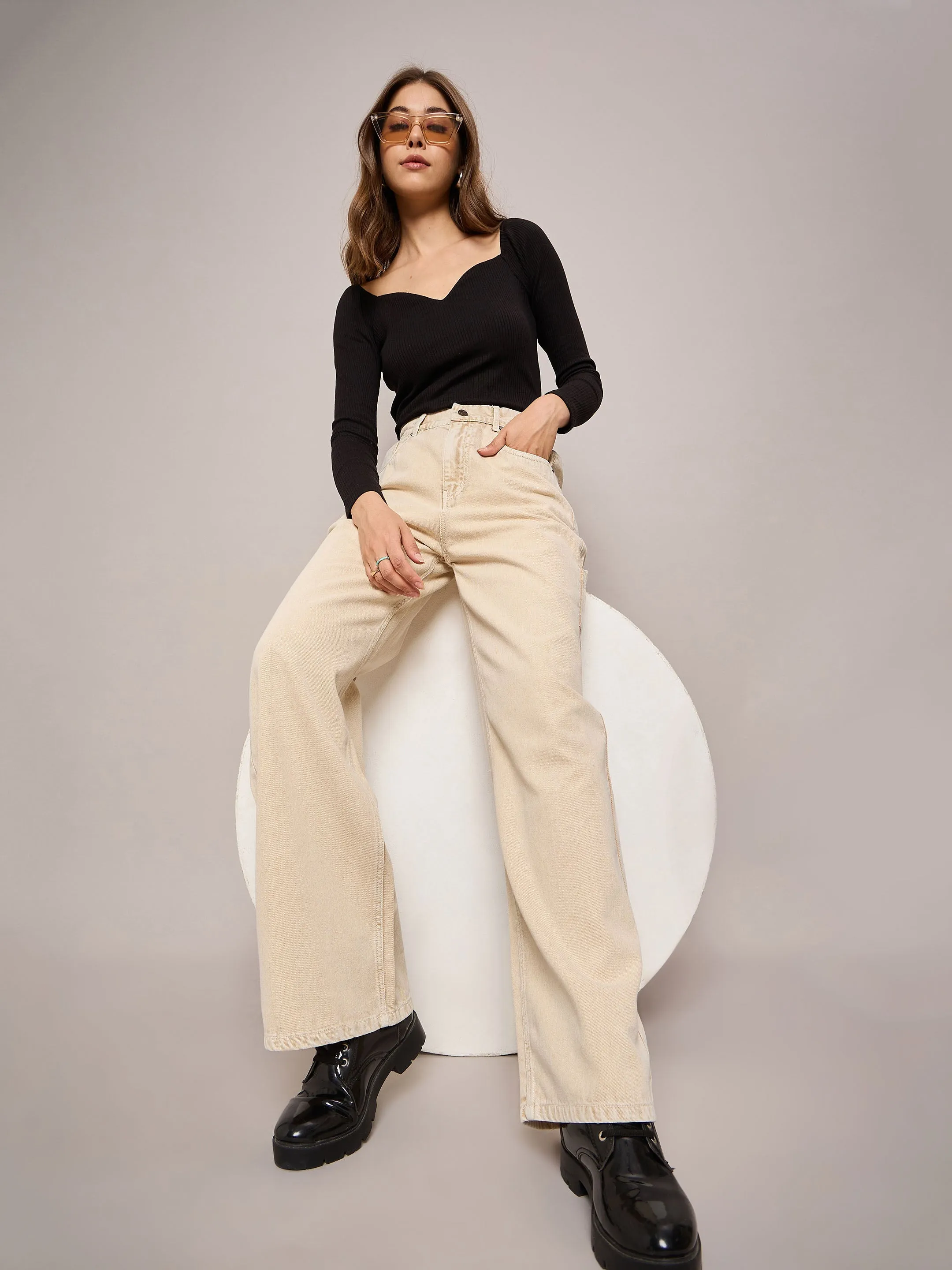 Women Beige Elasticated High Waist Back Pocket Jeans