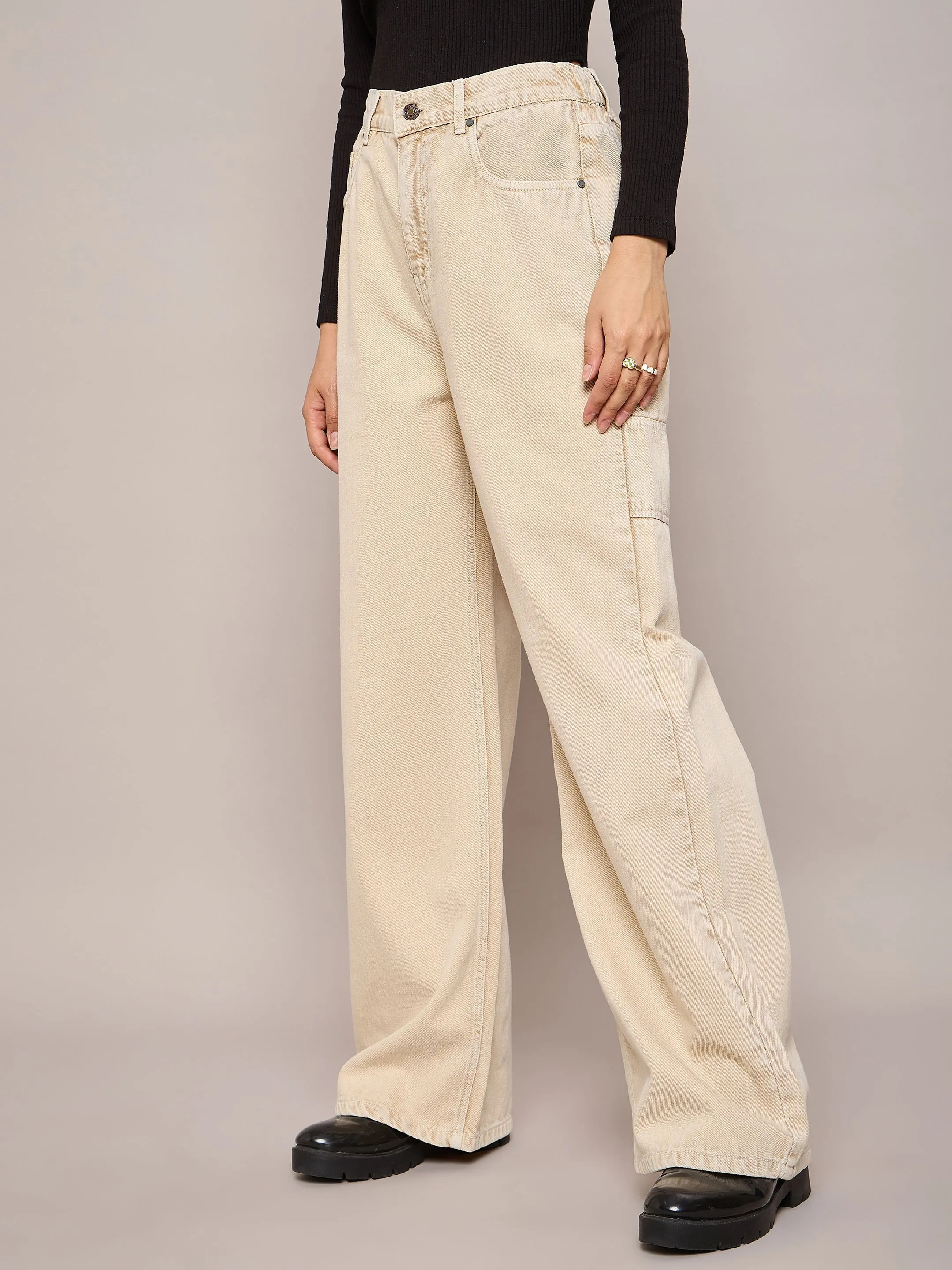 Women Beige Elasticated High Waist Back Pocket Jeans