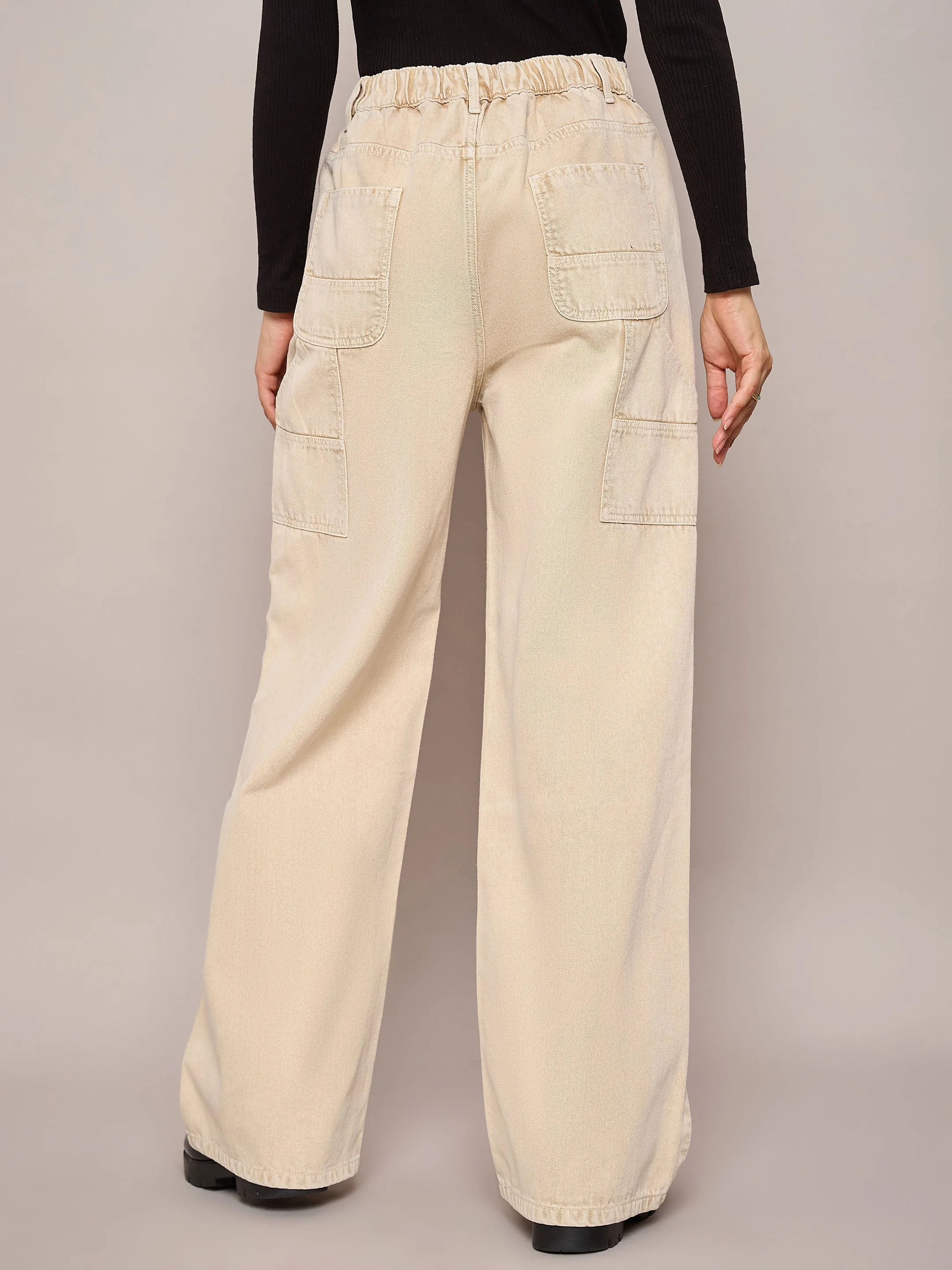 Women Beige Elasticated High Waist Back Pocket Jeans