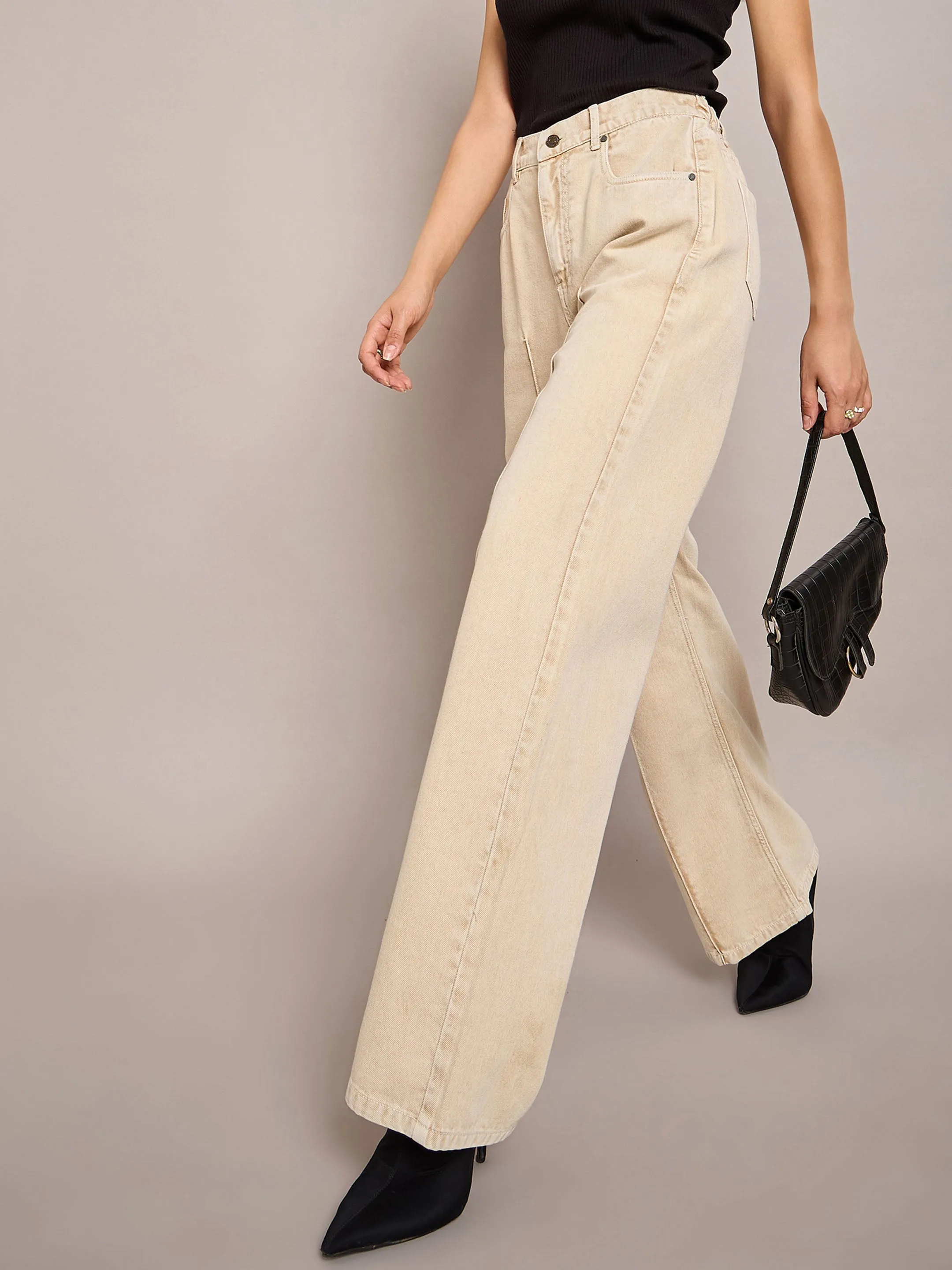 Women Beige Waist Front Dart Straight Jeans