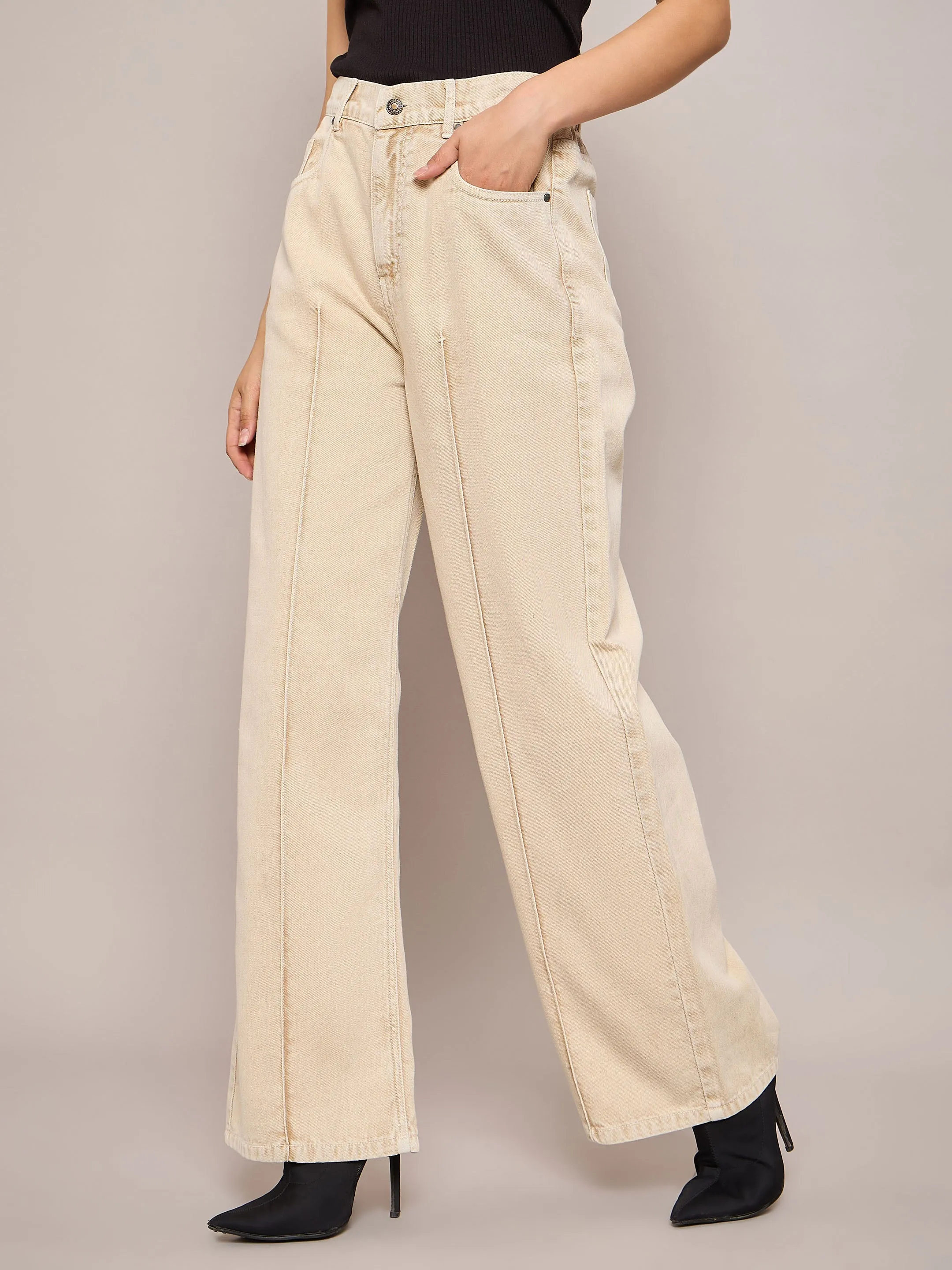 Women Beige Waist Front Dart Straight Jeans