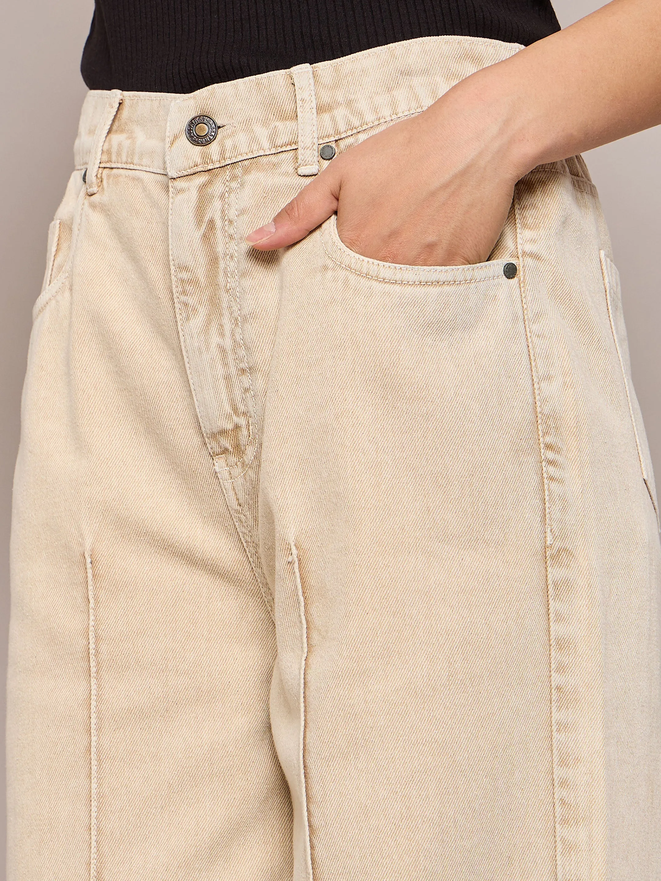 Women Beige Waist Front Dart Straight Jeans