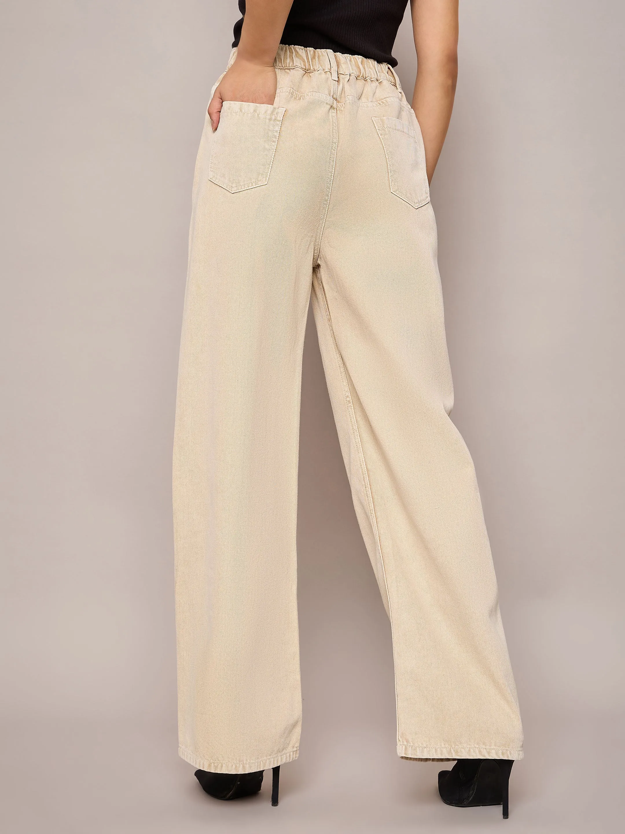 Women Beige Waist Front Dart Straight Jeans