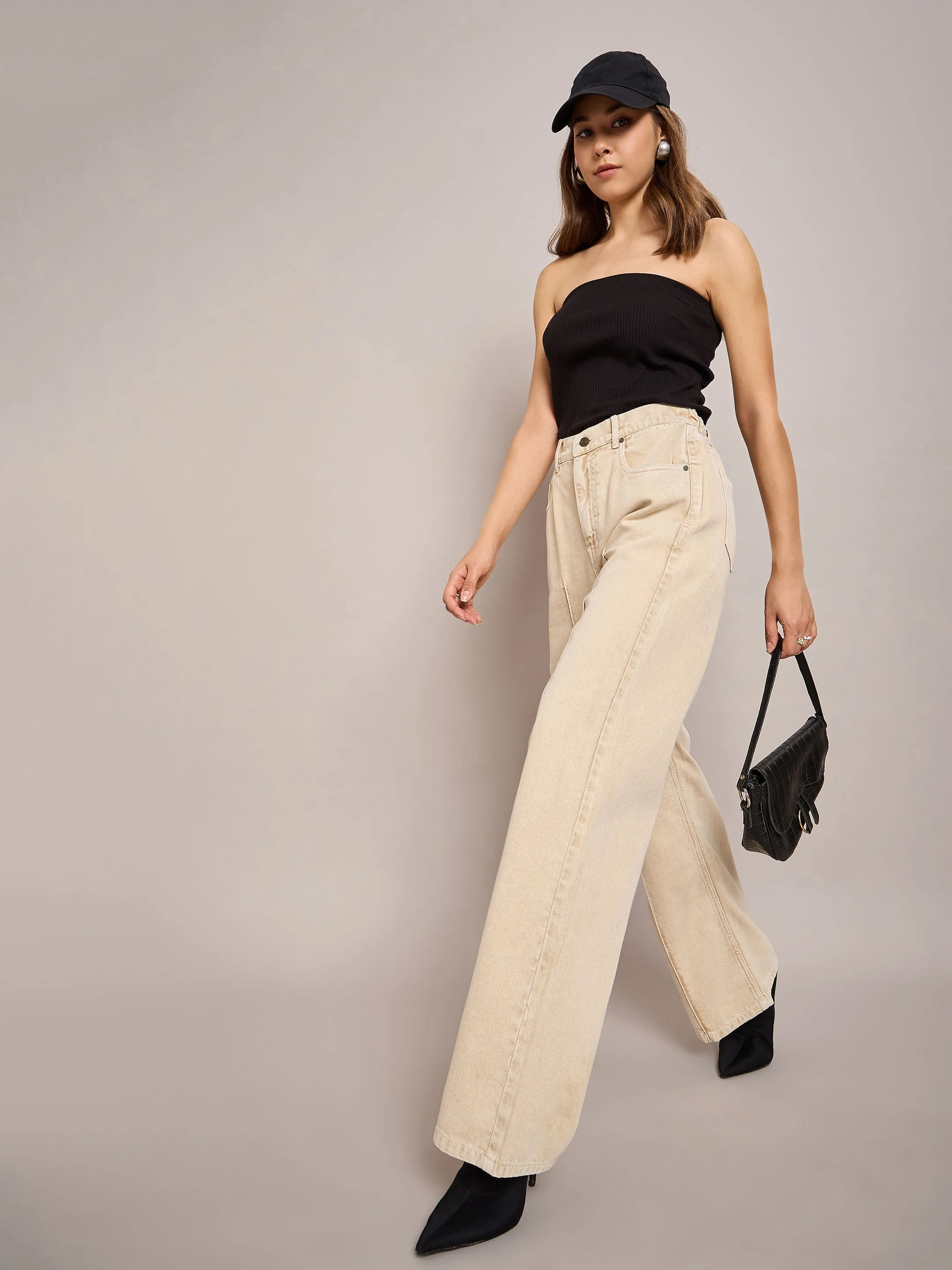 Women Beige Waist Front Dart Straight Jeans