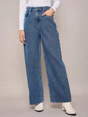 Women Blue Elasticated High Waist Back Pocket Jeans