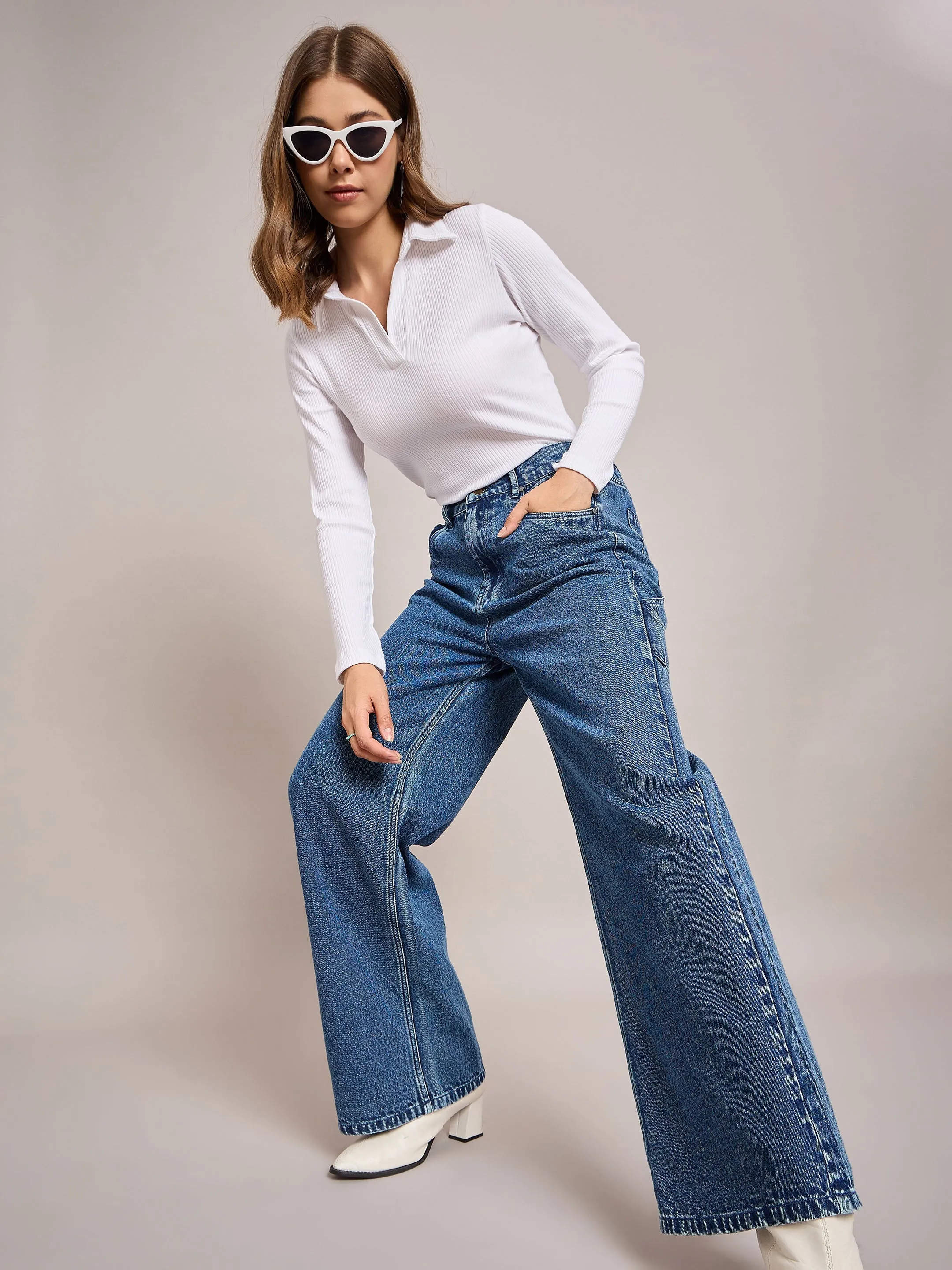 Women Blue Elasticated High Waist Back Pocket Jeans