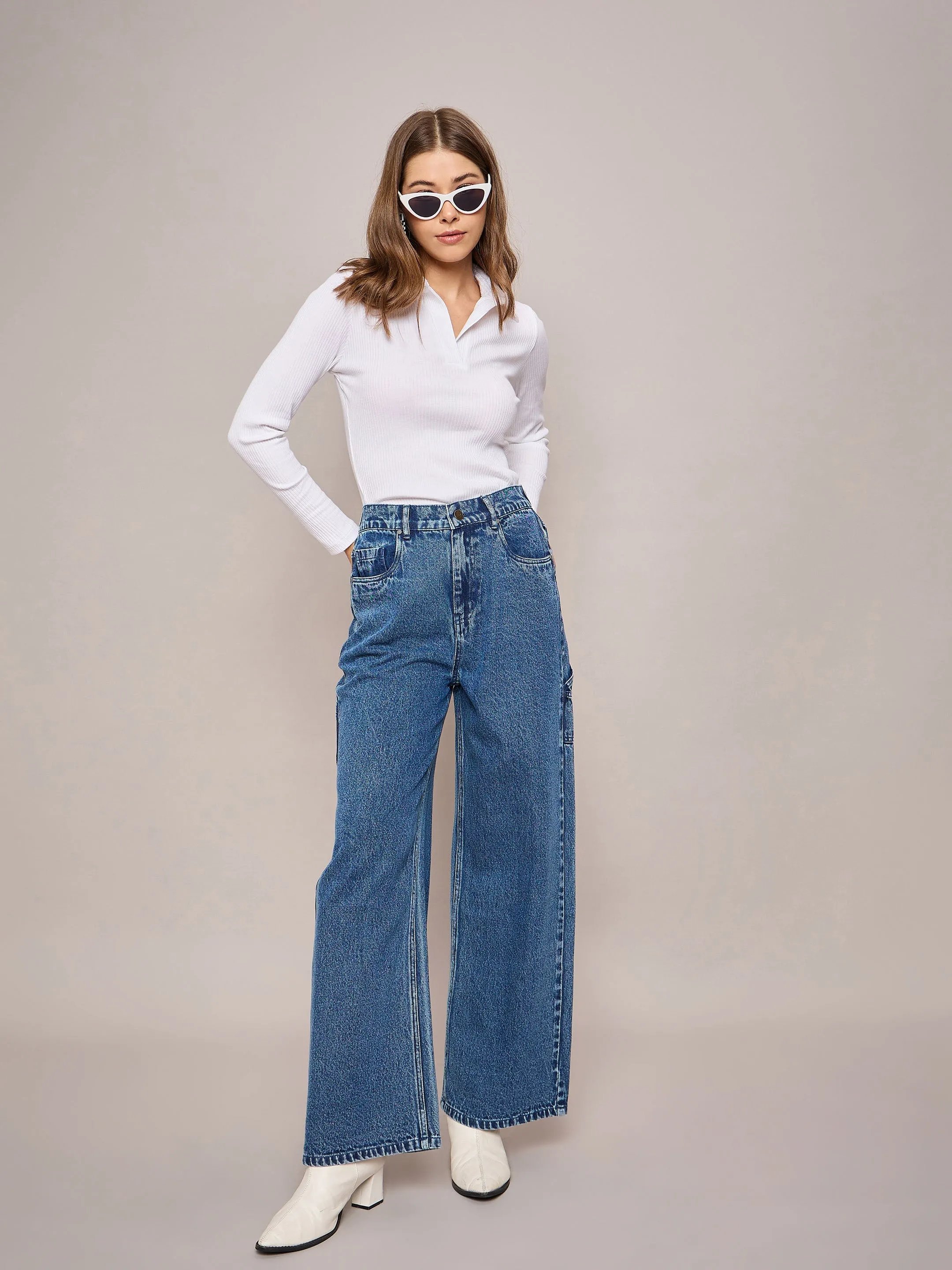 Women Blue Elasticated High Waist Back Pocket Jeans