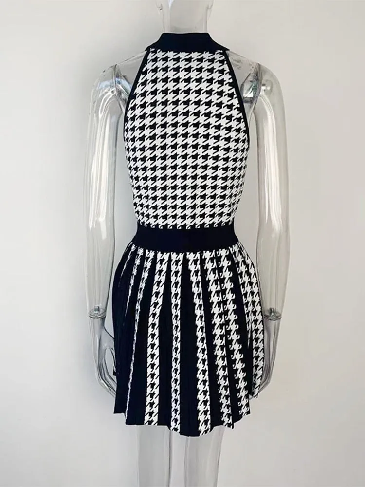 Women's Designer Fashion Halter Neck Houndstooth Knitted Button Dress