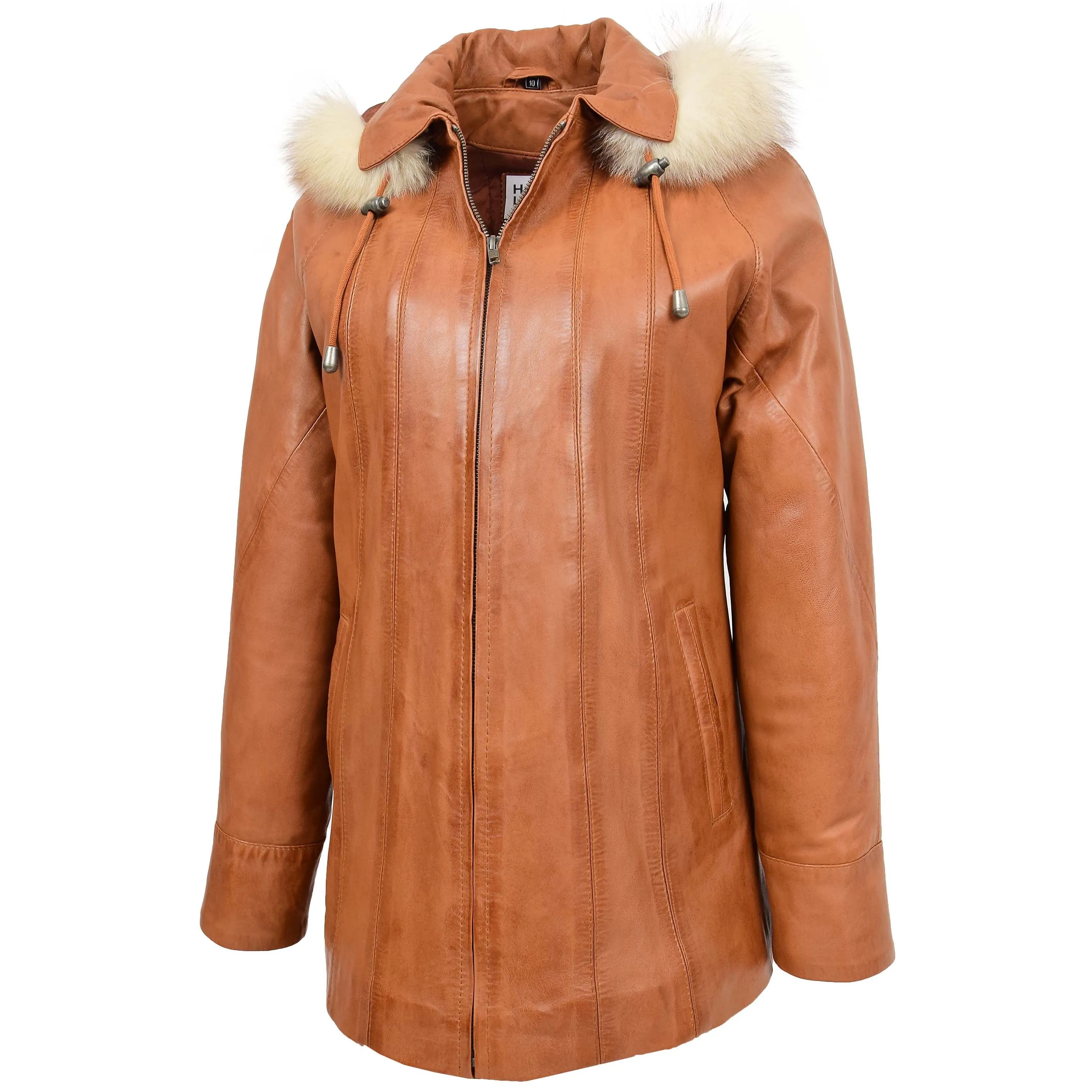 Womens Leather Coat with Hoodie Jane Tan