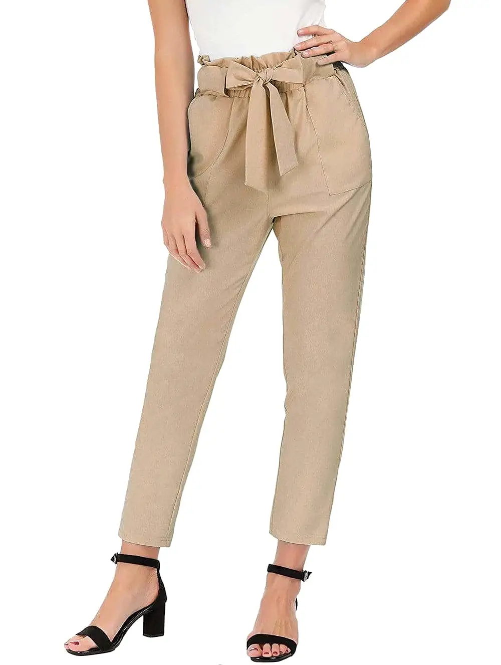 Women's Tie Belt High Paper Bag Waist Slim Pull On Pant