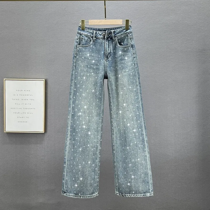 Women's trendy wide-leg jeans 2024 new spring high-waisted loose slimming European station hot diamond large leg trousers