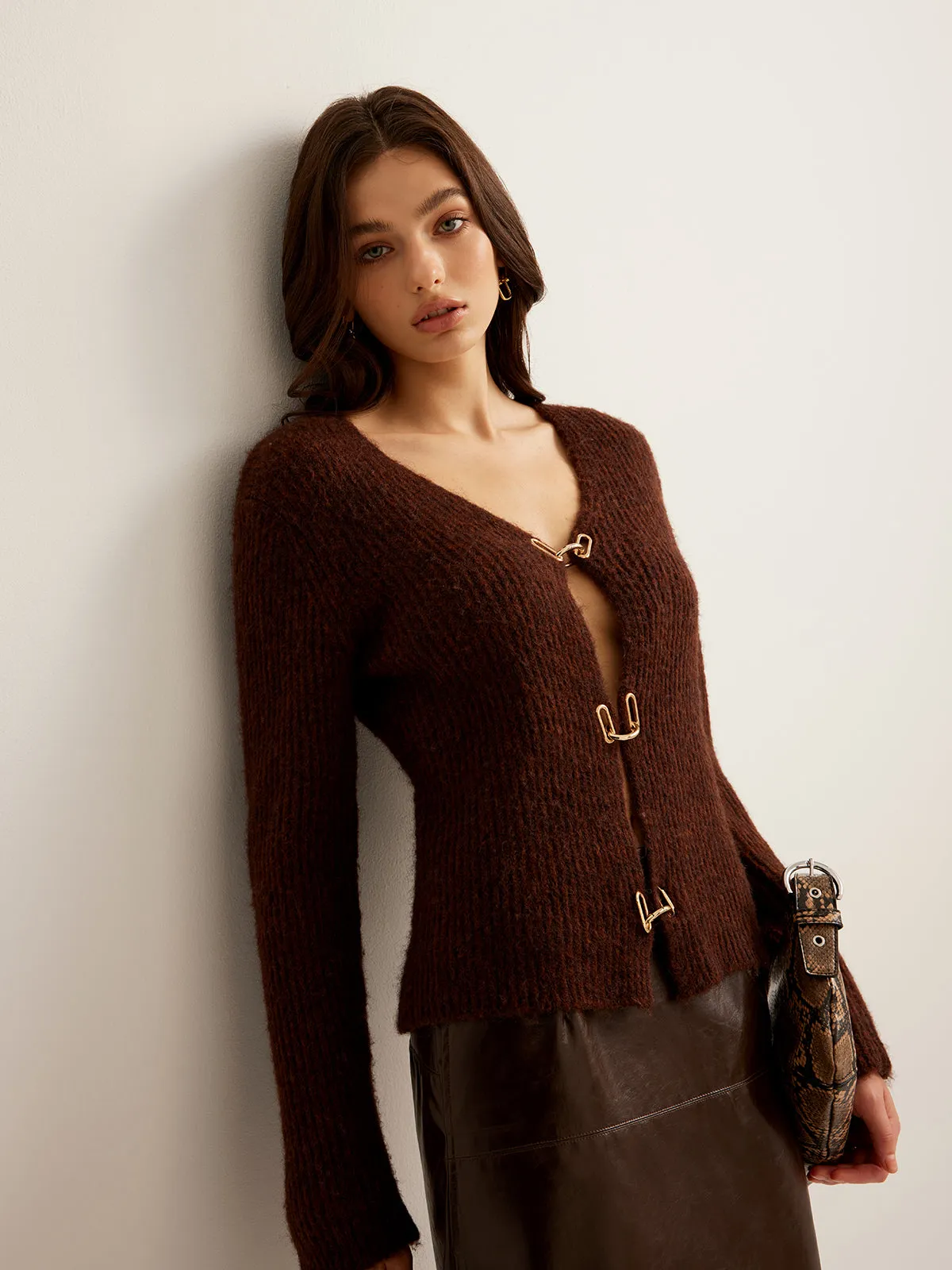 Wool-Blend Cutout Metal-Link Cardigan