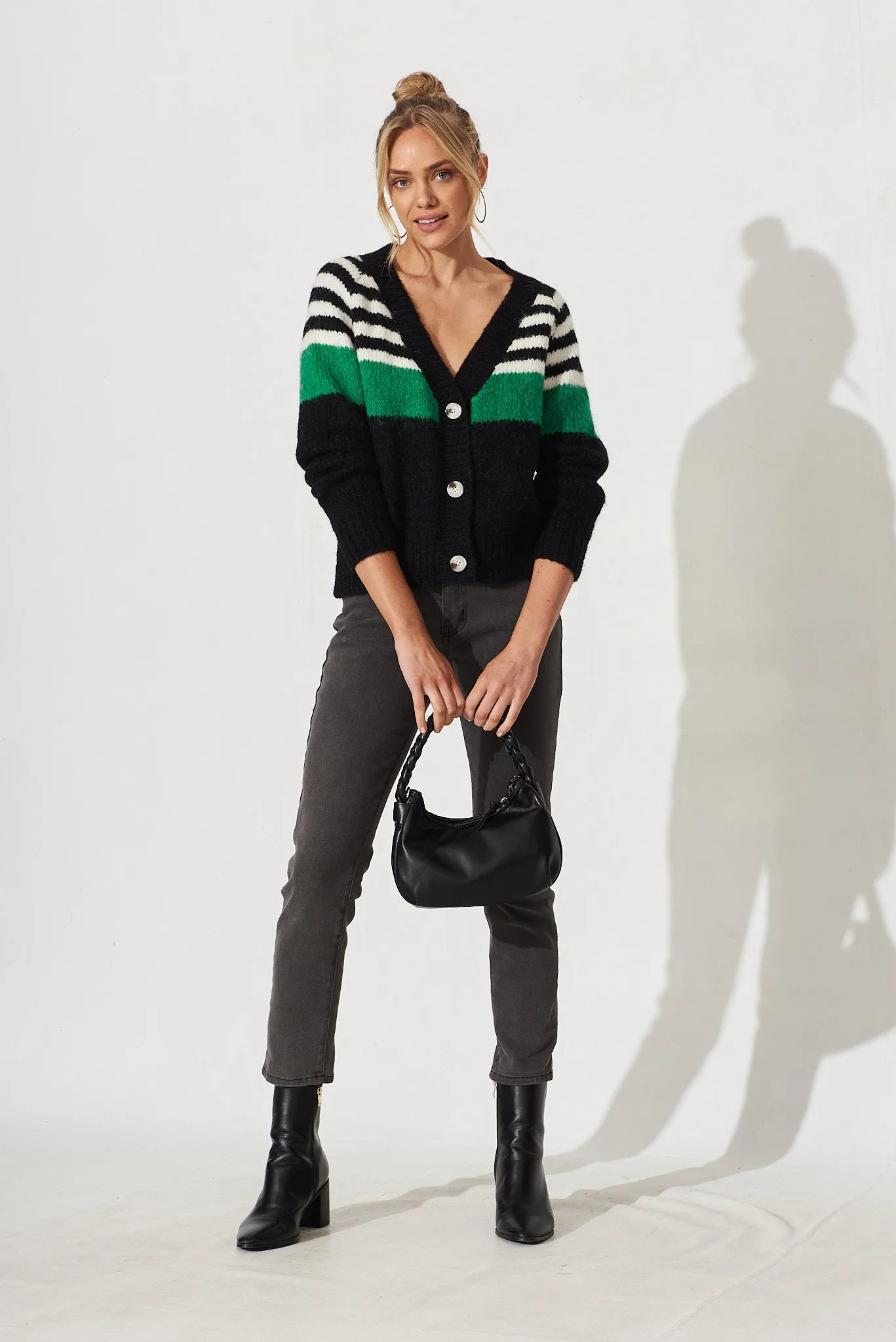 Wymington Knit Cardigan In Black Stripe Wool Blend