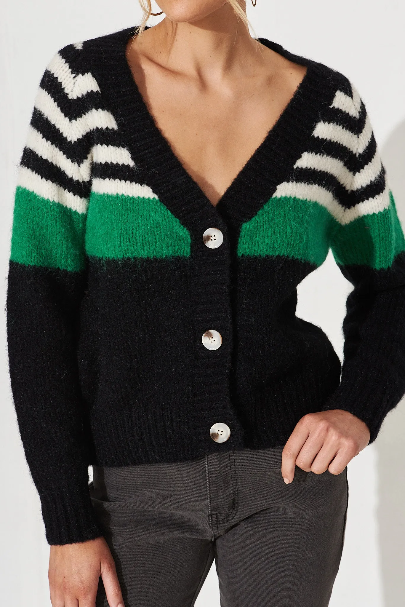 Wymington Knit Cardigan In Black Stripe Wool Blend